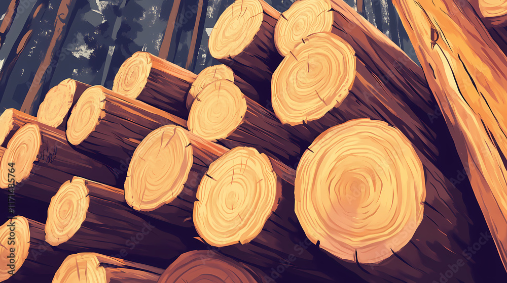 Stacked timber logs in lumber yard. Runewood. Illustration Stacked timber logs in lumber yard. Runewood. Illustration