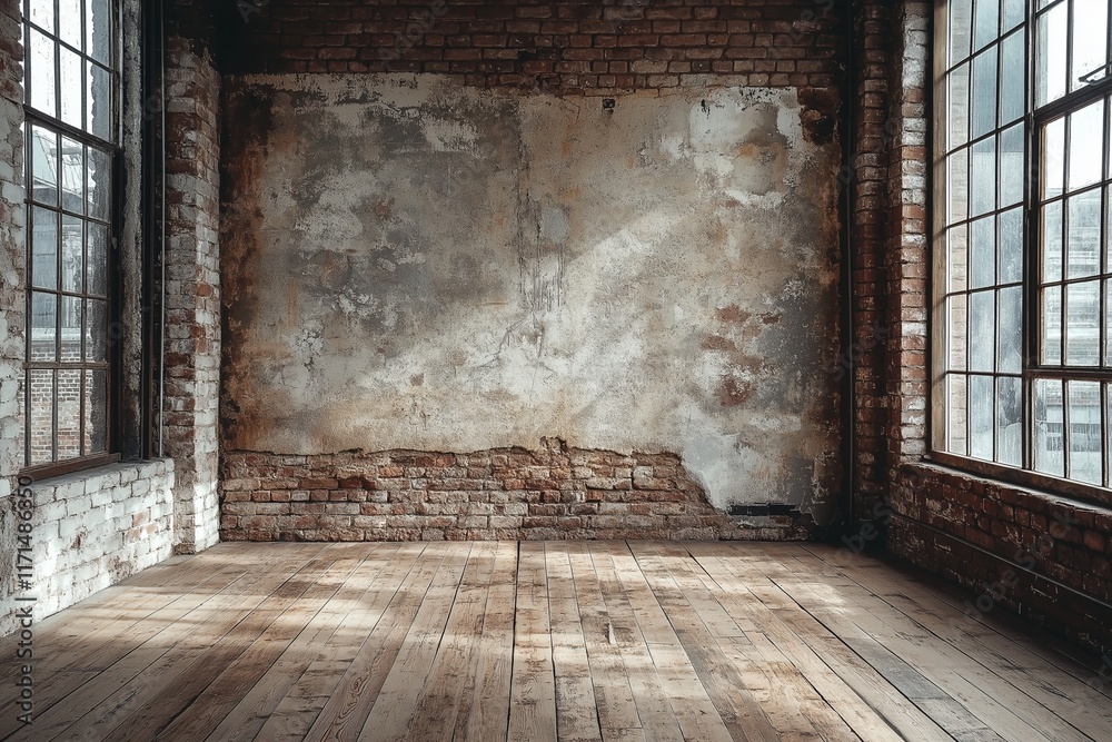An empty old brown room, old brick walls. Large windows on the right and left. An empty old brown room, old brick walls. Large windows on the right and left.