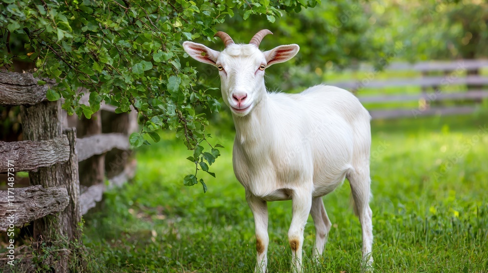 Serene Goat Grazing in Orchard with Cinematic Background Fence Ultra-Detailed Image Serene Goat Grazing in Orchard with Cinematic Background Fence Ultra-Detailed Image