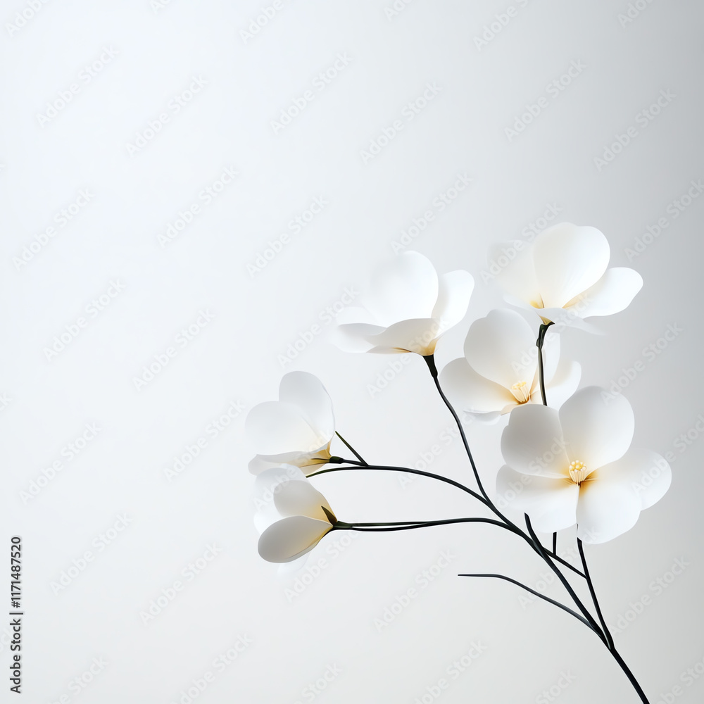 Obraz premium Elegant white flowers on a slender branch against a soft, light background, perfect for minimalist and decorative purposes.