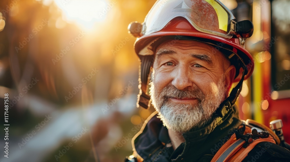 Senior firefighter wearing helmet and uniform smiling during sunset Senior firefighter wearing helmet and uniform smiling during sunset