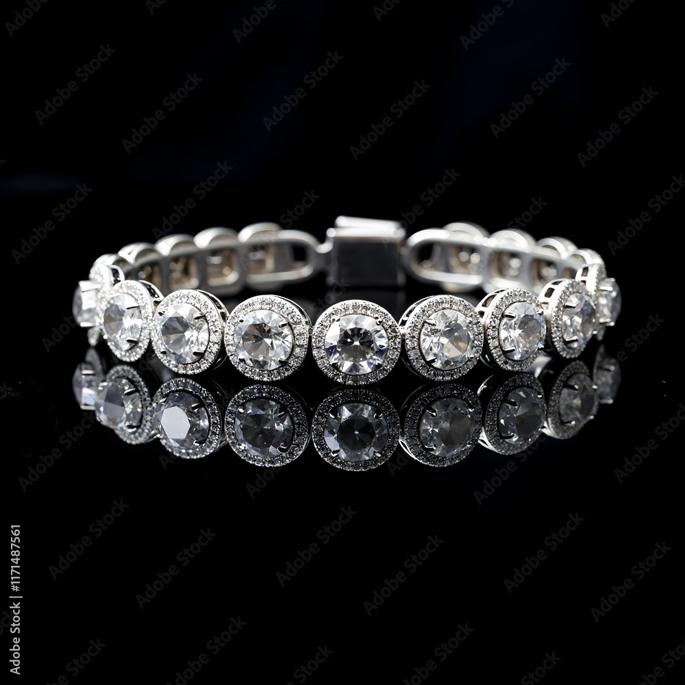 Close-Up Macro Shot of a Diamond-Encrusted Bracelet with White Gold Detailing on Luxurious Black Velvet Background Close-Up Macro Shot of a Diamond-Encrusted Bracelet with White Gold Detailing on Luxurious Black Velvet Background