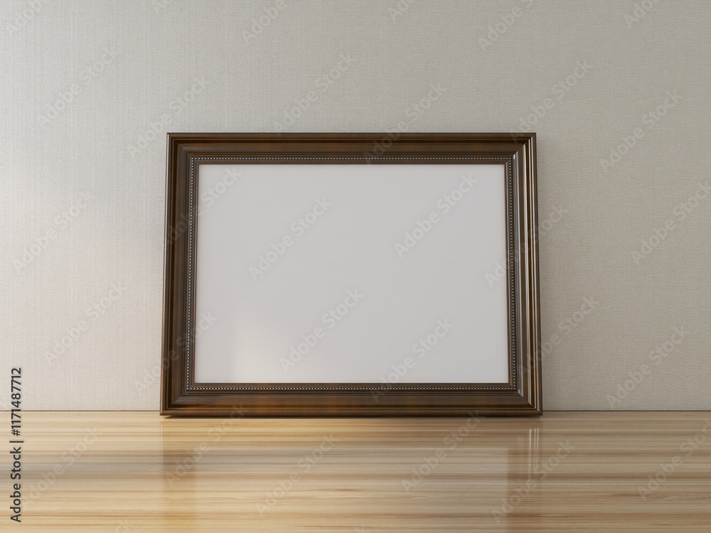 Blank horizontal frame mockup on a table. 3D rendering, interior design, 3D illustration Blank horizontal frame mockup on a table. 3D rendering, interior design, 3D illustration