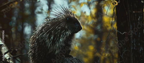 North American porcupine perched on a tree stump in the autumn forest. photo