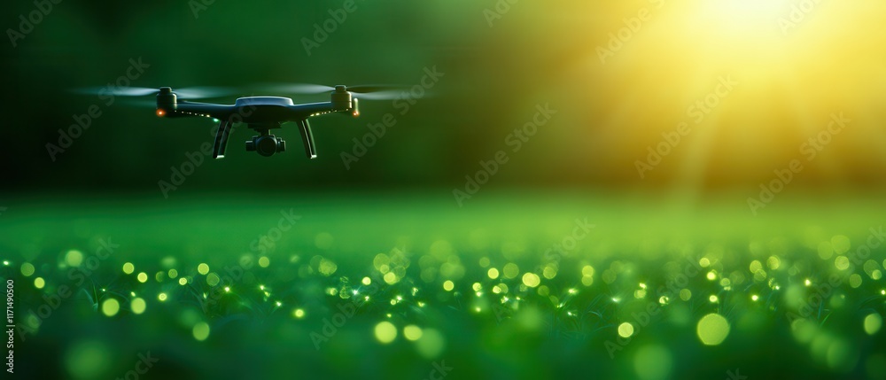 A drone hovers above a lush green field, illuminated by soft sunlight, capturing the serene beauty of nature. A drone hovers above a lush green field, illuminated by soft sunlight, capturing the serene beauty of nature.
