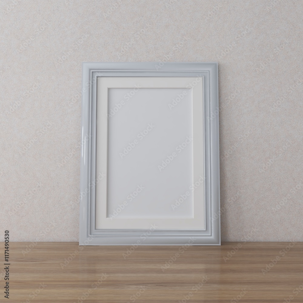 Blank vertical frame mockup on a wooden table. 3D rendering, interior design, 3D illustration Blank vertical frame mockup on a wooden table. 3D rendering, interior design, 3D illustration