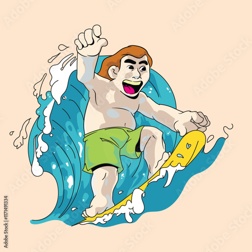 Vector of man happily surfing