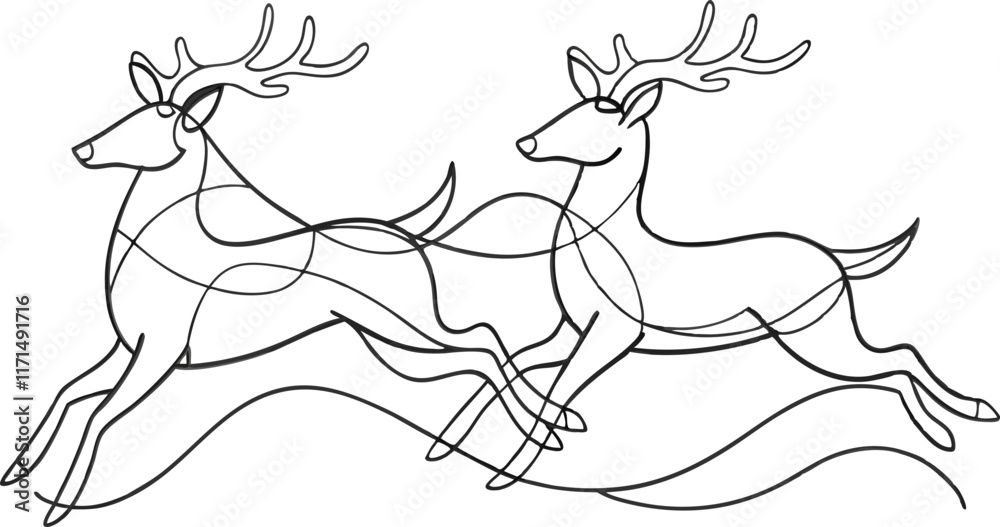 Fototapeta premium Reindeer one line continuous banner. Line art animal deer christmas concept banner