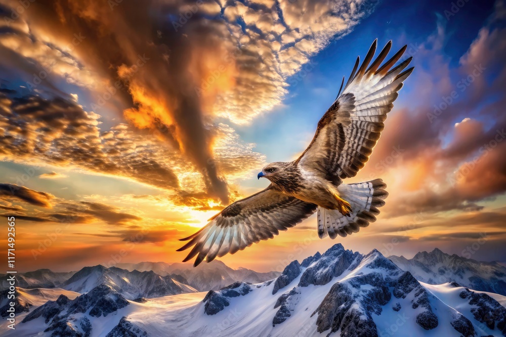 Fototapeta premium Fantasy bird photography: a rough-legged hawk soars above surreal, dreamlike mountains.