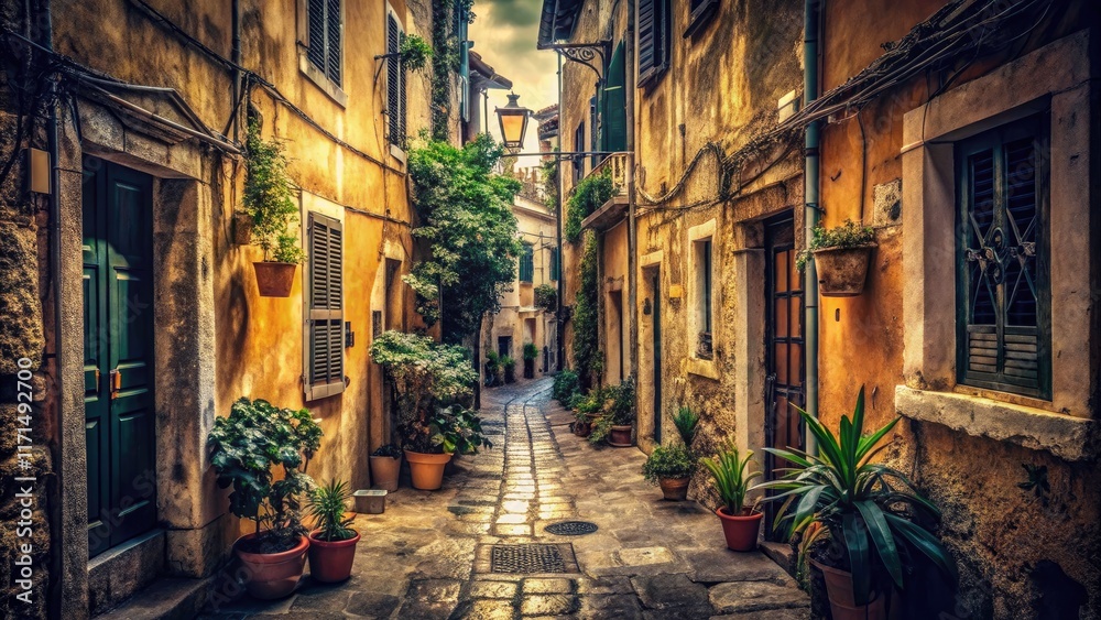 Fototapeta premium Explore Kerkyra's hidden heart: a vintage photo revealing Corfu's old town's narrow, shadowy alleyways.