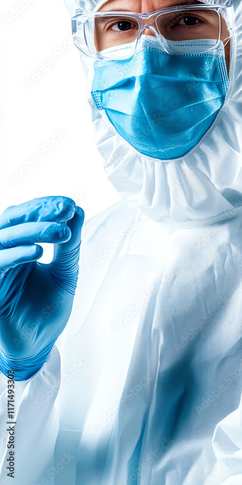Fototapeta premium Healthcare professional in protective gear, holding hand up for safety measures, isolated on white background.