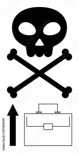 Black skull and crossbones above a briefcase with an upward arrow. Ideal for warnings, danger in business, risk assessment, workplace safety, ethical dilemmas, growth risks, abstract line flat