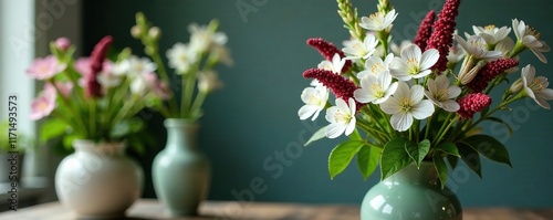 Black cohosh flowers in a vase with white and greenery, black cohosh, cut flowers, vases photo