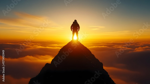 HIker Standing on Top of a Mountain Peak Looking at Sunset Adventure Spirit Success Nature Beauty Acheivement Freedom Exploration Alps photo