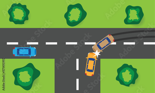 Car Crash on the Road Top View. Vehicles colliding at a junction. Transportation means and dangerous driving vector art
