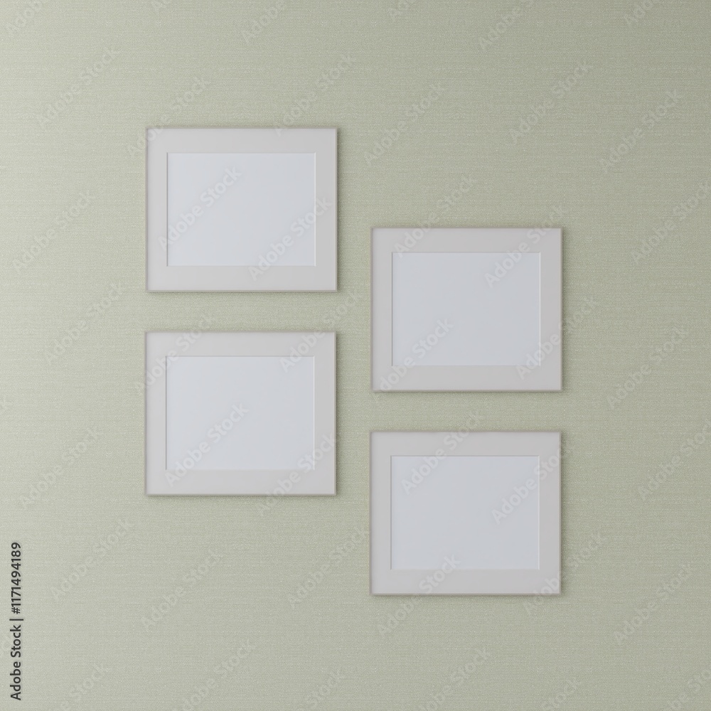 Mockup of four blank horizontal frames on a green wall. 3D rendering, interior design, 3D illustration Mockup of four blank horizontal frames on a green wall. 3D rendering, interior design, 3D illustration