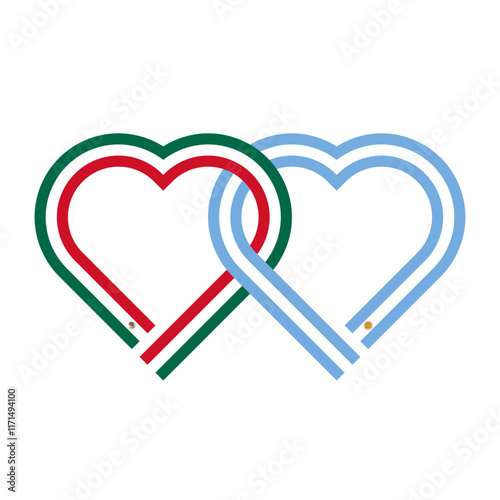 heart shaped ribbon of mexico and argentina flags intertwined. vector illustration isolated on white background