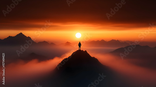 HIker Standing on Top of a Mountain Peak Looking at Sunset Adventure Spirit Success Nature Beauty Acheivement Freedom Exploration Alps photo