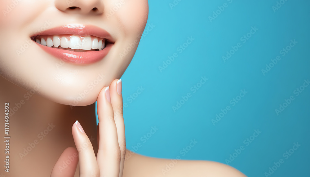Fototapeta premium Close-up of a smiling woman against a bright blue background, hand touches her chin, commercial photography.