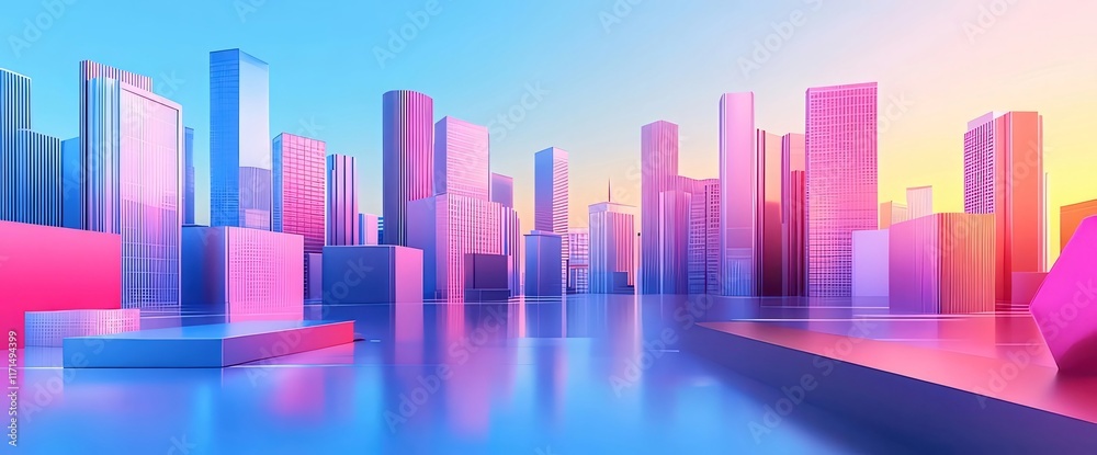 Colorful city skyline reflected in water. Colorful city skyline reflected in water.