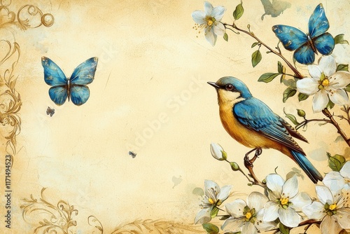 Vintage floral artwork with blue bird and butterflies on parchment photo