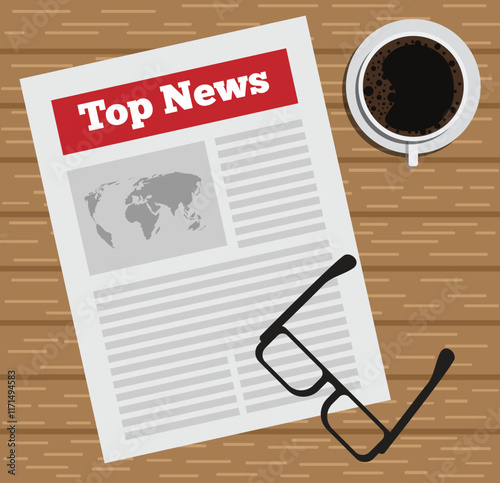 Newspaper with Glasses and Coffee on Wooden Surface. Morning breakfast routine and reading news concept vector art