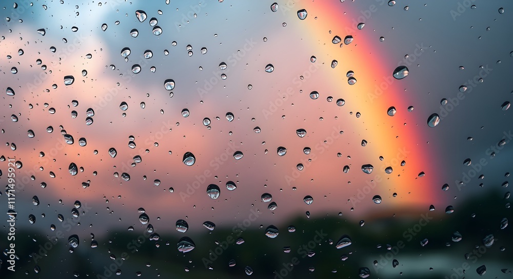 Obraz premium Close-up of water droplets on a glass surface with a blurred rainbow background 