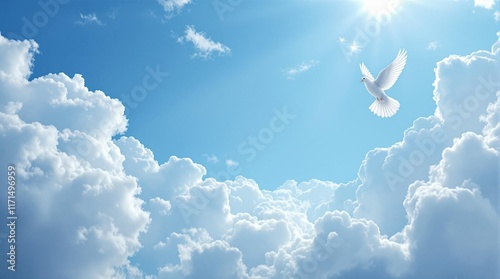 sky funeral background with white dove, copy space for text