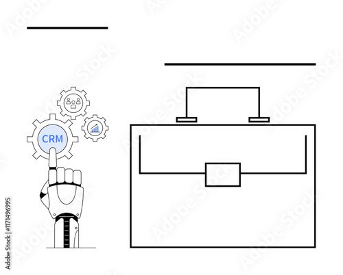 Robotic hand tapping CRM gear icon. Outline of briefcase adjacent. Ideal for automation, business tools, AI integration, CRM systems, corporate strategy, tech solutions, abstract line flat metaphor