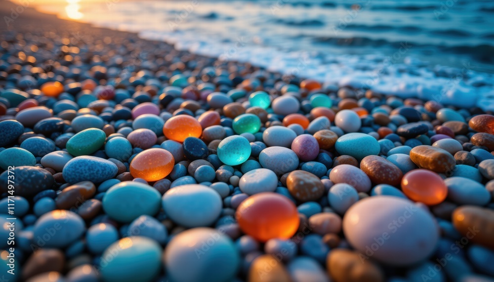 Fototapeta premium Sunset casts a warm glow on colorful pebbles lining the beach, creating a picturesque coastal scene.