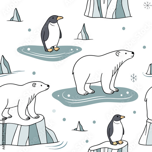 Arctic Wildlife Seamless Pattern with Polar Bears and Penguins