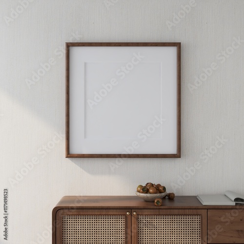 Blank square frame mockup on white wall with sideboard in decoration. 3D rendering, interior design, 3D illustration
