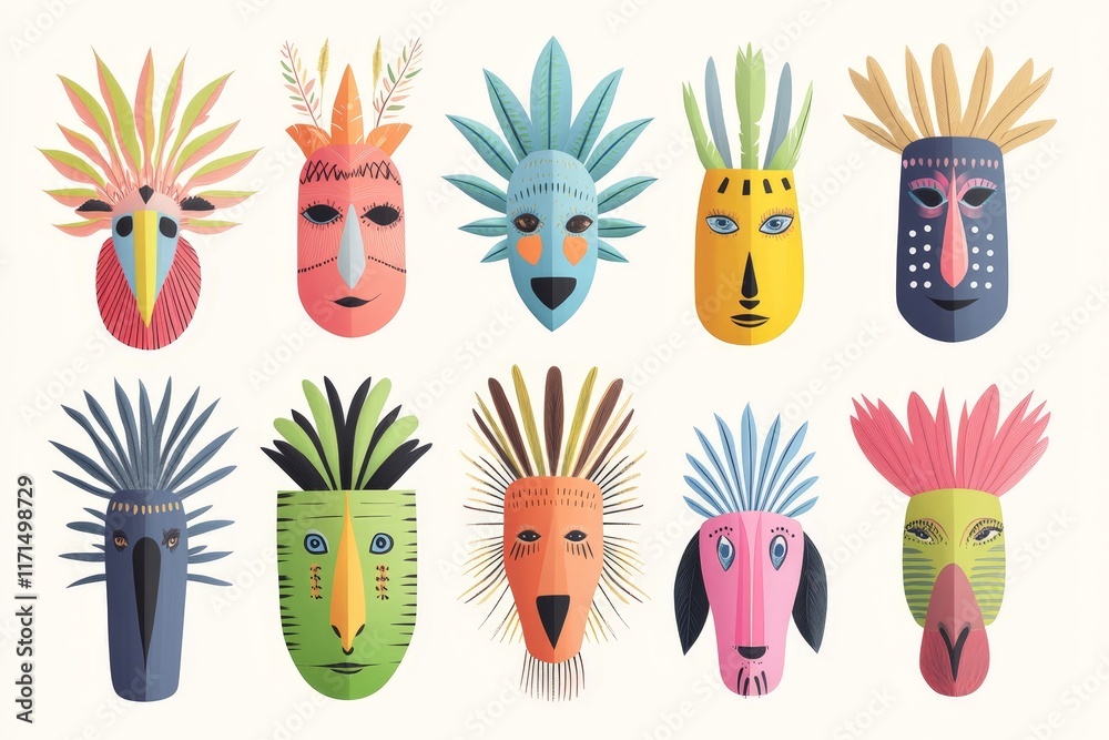 Set of ten creative masks featuring vibrant, nature-inspired designs, combining artistic expression with cultural charm. Set of ten creative masks featuring vibrant, nature-inspired designs, combining artistic expression with cultural charm.