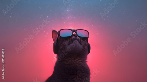 
portrait of a cat with Headphones, symmetrical, sunglasses, vibing, illustration, adobe illustrator, aesthetic with copy space for business poster 
