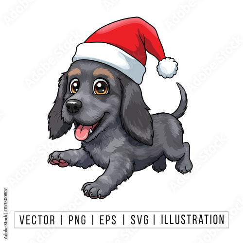 Cute Blue Merle Australian Shepherd Puppy in Santa Hat - Christmas Cartoon Vector Illustration