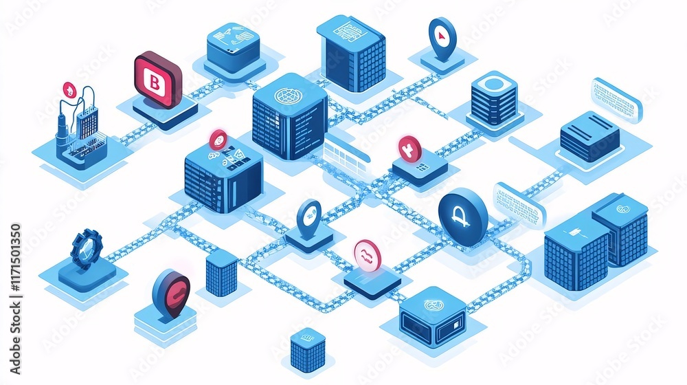 Isometric illustration of a complex network system with data servers and location markers. Isometric illustration of a complex network system with data servers and location markers.