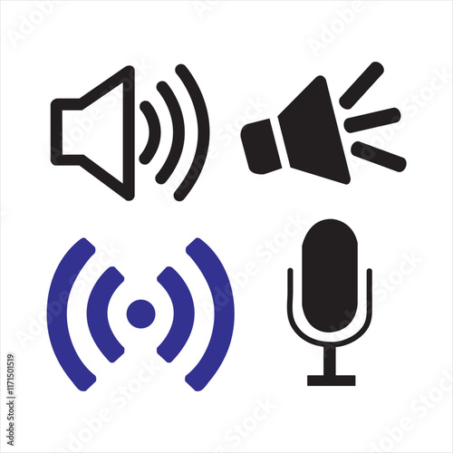 speaker, sound, volume icon set , low and hight level volume speaker icon. voice, audio, silent, mute icons in flat style for media player app and website