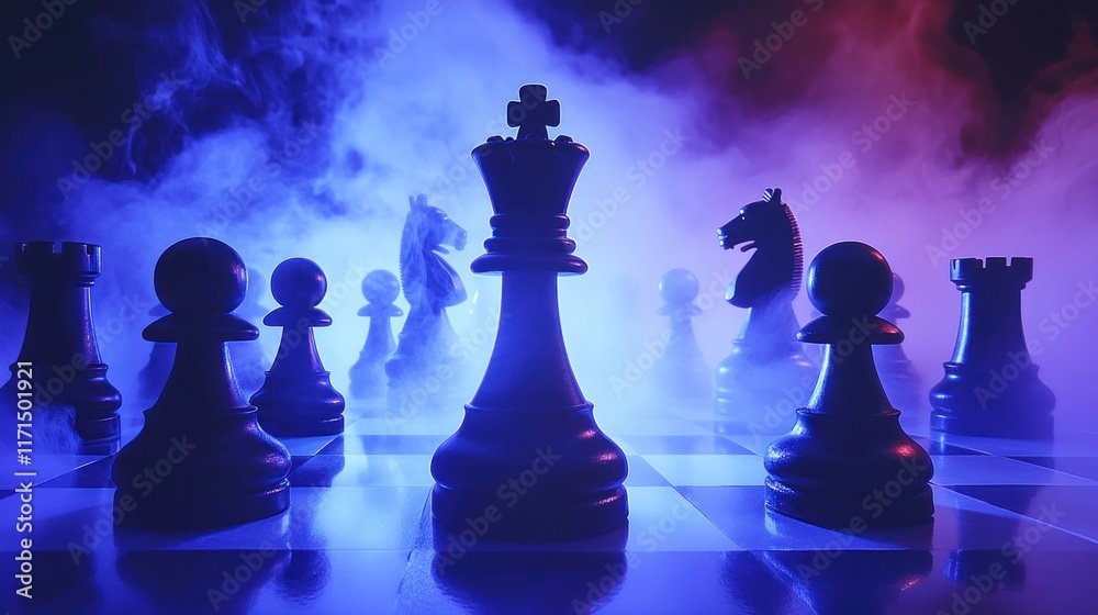 Chess pieces on a board in smoky, colorful lighting. Chess pieces on a board in smoky, colorful lighting.