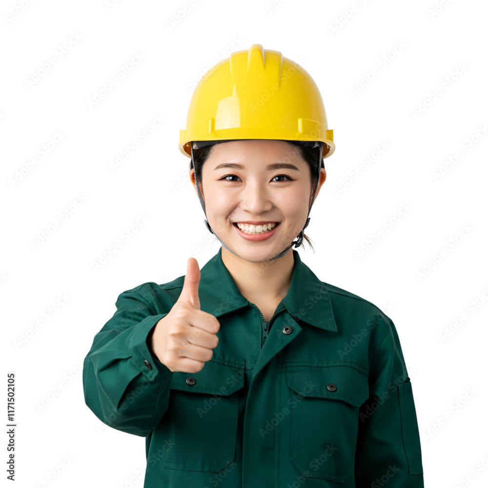 Backgroundless cutout of a female worker in work clothes and helmet giving thumbs up Backgroundless cutout of a female worker in work clothes and helmet giving thumbs up