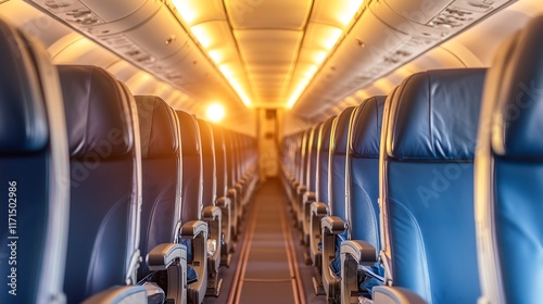Airplane flight aisle from front seats to back seats, empty aircraft cabin interior view, air travel transport