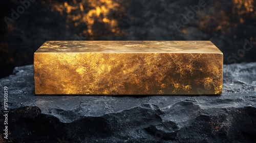 Golden block rests on dark stone. photo