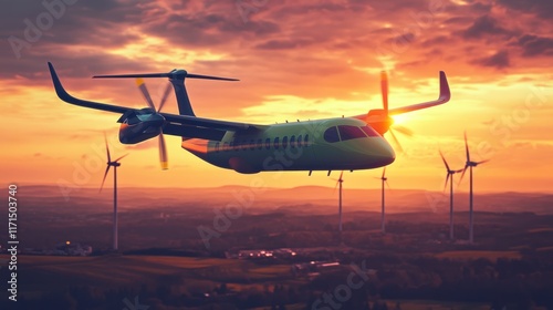 Green electric aircraft flying over wind turbines at sunset.