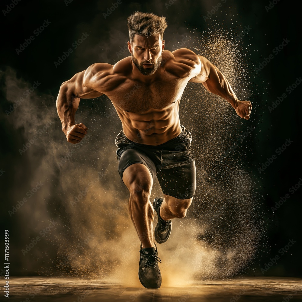 A muscular man is sprinting through a cloud of dust, symbolizing power and grit in sports performance. A muscular man is sprinting through a cloud of dust, symbolizing power and grit in sports performance.