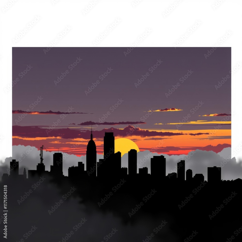 Fototapeta premium Misty city skyline at dawn with pastel colors illuminating tall buildings in the early morning light skyline silhouette