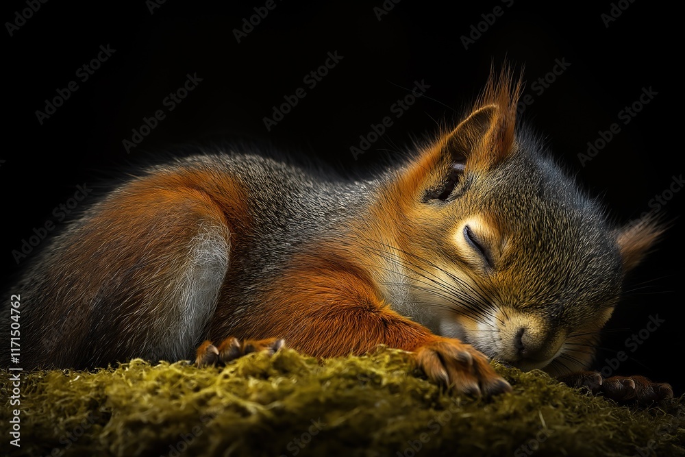 Obraz premium Squirrel sleeping on the moss isolated on black background, studio shot