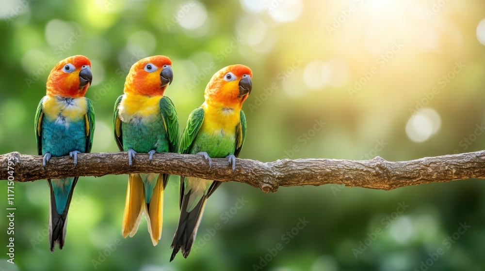 Colorful Birds Perched on Branches in Sunlit Jungle Colorful Birds Perched on Branches in Sunlit Jungle