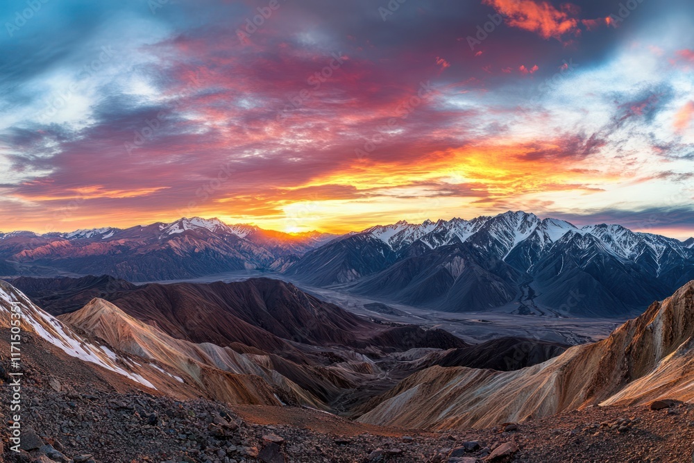 Fototapeta premium A panoramic view reveals snow-capped mountains and a fiery sunset sky filled with warm hues blending beautifully