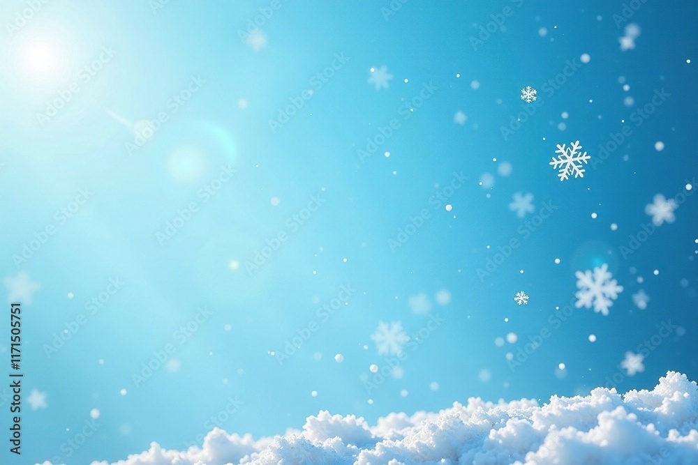 Delicate snowflakes suspended in air against a clear blue sky, airy, clear, peaceful Delicate snowflakes suspended in air against a clear blue sky, airy, clear, peaceful