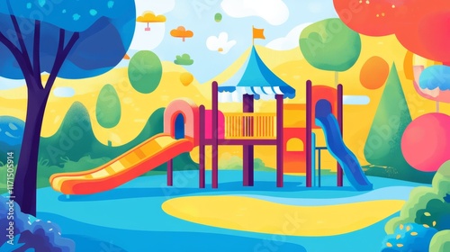 colorful cartoon splash background with abstract geometric shapes, playful playground elements, and kid-friendly design photo