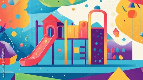 colorful cartoon splash background with abstract geometric shapes, playful playground elements, and kid-friendly design photo